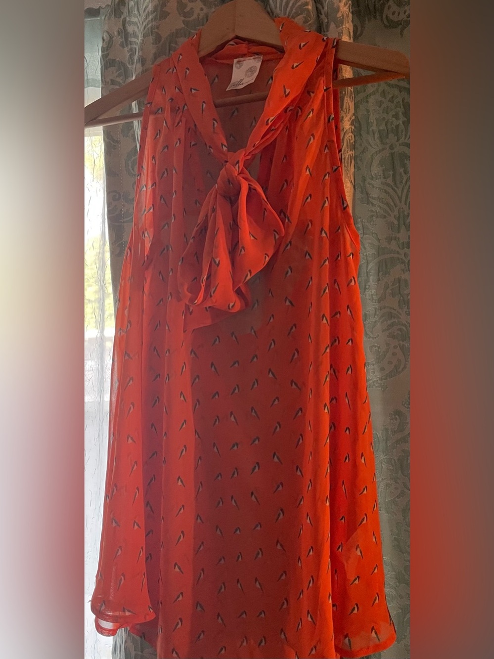 Flowy Size Lrg Orange Jella Couture Top w/ Neck Tie, Open Back, & Bird Motif